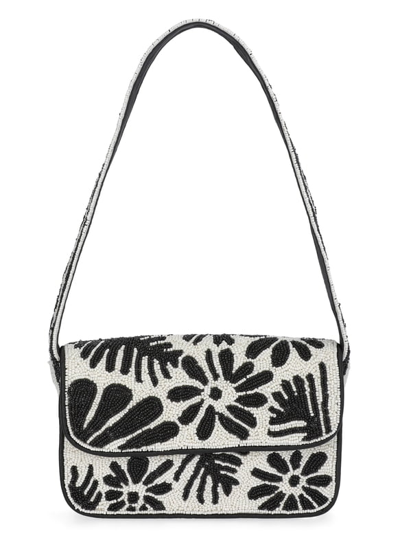 Women's Beaded Flap Shoulder Bag, Black/White