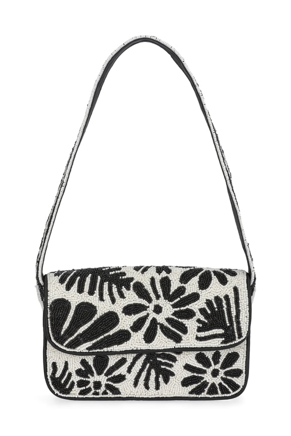 Women's Beaded Flap Shoulder Bag, Black/White