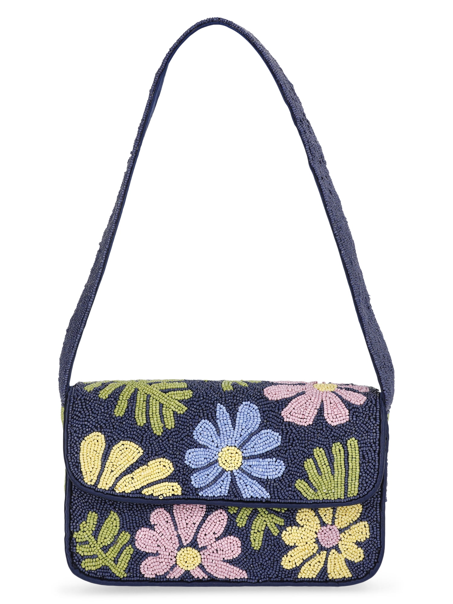 Scoop Women's Beaded Flap Shoulder Bag, Navy Print