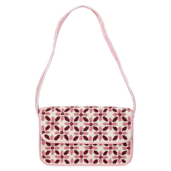 Scoop Women's Beaded Flap Shoulder Bag, Pink Print