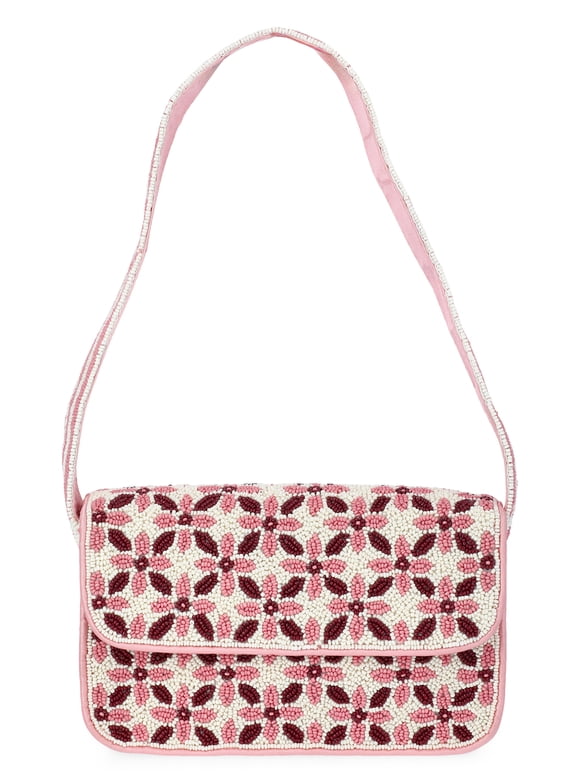 Women's Beaded Flap Shoulder Bag, Pink Print