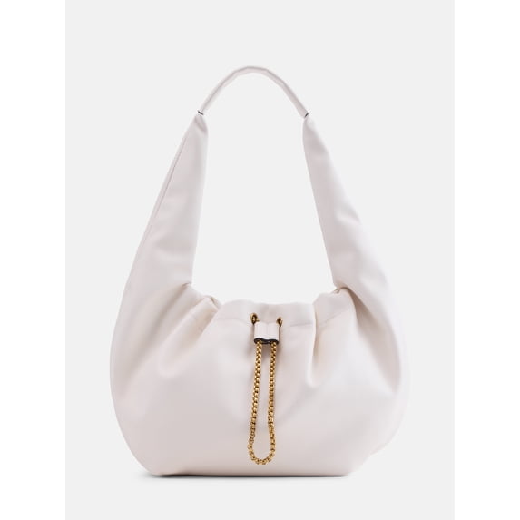Scoop Women's Faux Leather Chain Drawstring Bag, Mother of Pearl
