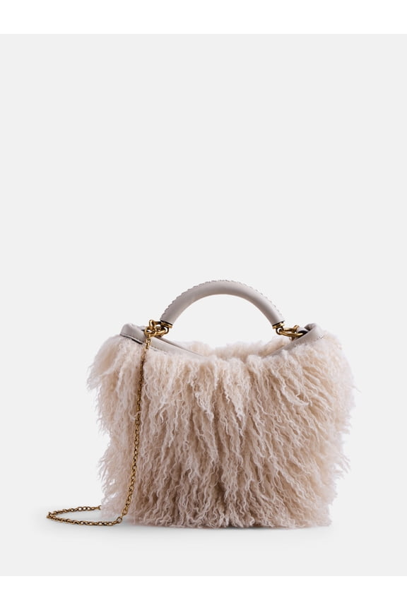 Women's Chain Top Handle Mini Faux Fur Bag, Beige