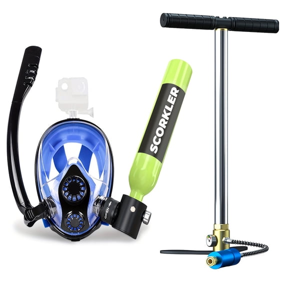 SCORKLER Portable Mini Scuba Tank 0.5L (3,5 Cu Ft) with Sub-Mask & Hand Pump | Up to 8 Min Underwater Breathing, Portable Snorkeling & Shallow Water Exploration Equipment