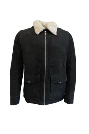 Men's Short Cow Leather Warm Jacket, Black, X-Large