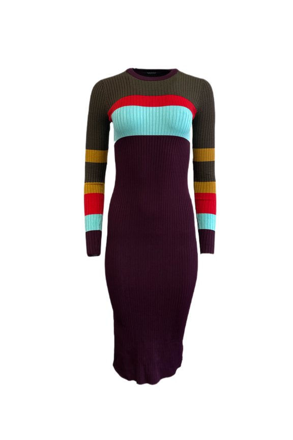 Women's Midi Rib Knit Stripe Pattern Dress, Multicoloured, Large