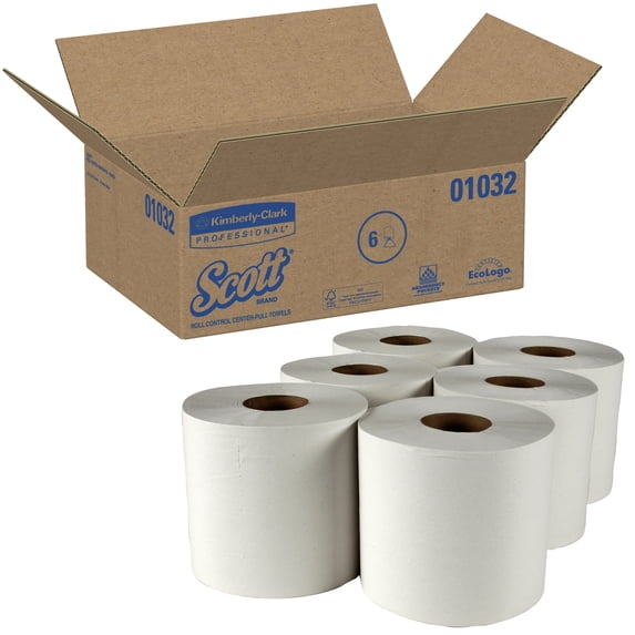 SCOTT® Roll Control Center-Pull Towels, 8 1/10" x 12", 60% Recycled, White, Case Of 6 Rolls