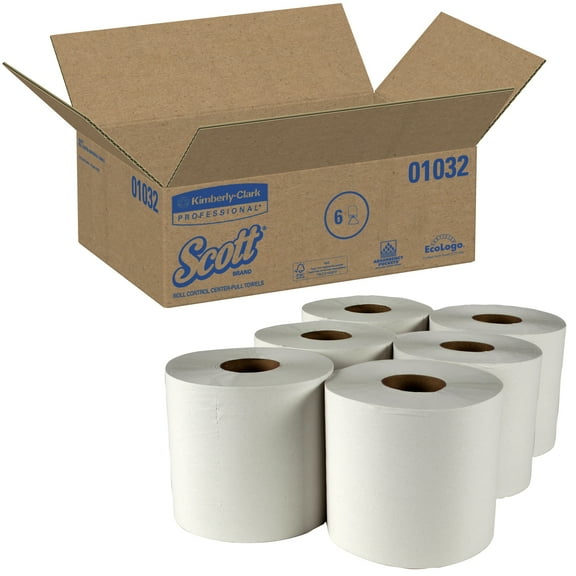 SCOTT Roll Control Center-Pull Towels, 8 1/10" x 12", 60% Recycled, White, Case Of 6 Rolls