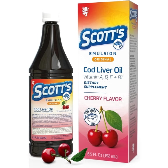 Scott's Emulsion Cod Liver Oil Cherry Flavor, Omega 3 & Vitamins A+D, 6.5 Fl Oz