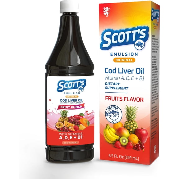 Scott's Emulsion Cod Liver Oil Fruits Flavor, Omega 3 & Vitamins A+D, 6.5 Fl Oz