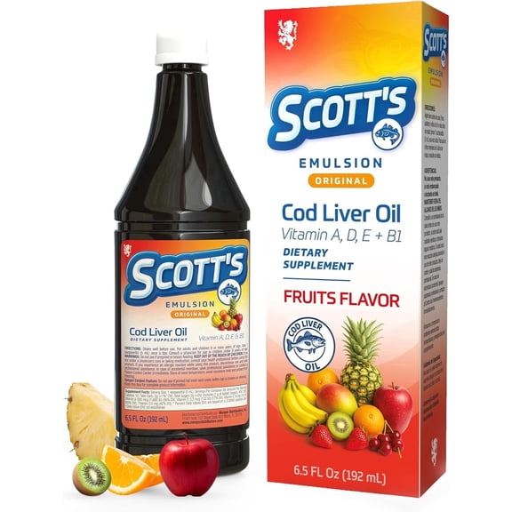 Scott's Emulsion Cod Liver Oil Fruits Flavor, Omega 3 & Vitamins A+D, 6.5 Fl Oz