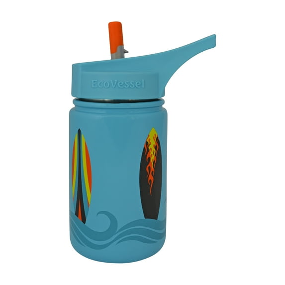 SCOUT Kids Stainless Steel Water Bottle with Flip Straw top - Blue w/ Surfboards