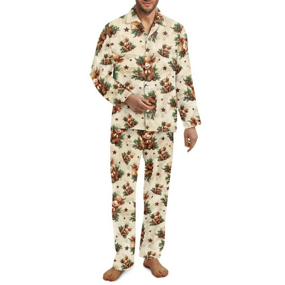SCRAWLGOD 2 Pack Men's Pajama Set Long Sleeve Button Down Pajamas with Pockets Breathable Lightweight Notch Collar Sleepwear Casual Soft Loungewear, Highland Cow Stars Musical Notes Beige, 3XL