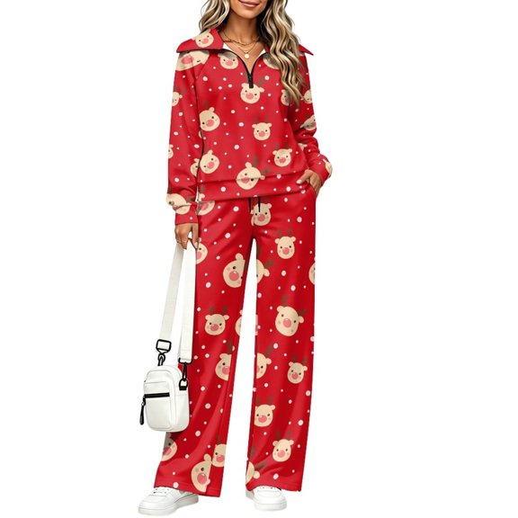 SCRAWLGOD 2 Piece Lounge Set for Women Christmas Sweatsuit Trendy Track Suits Long Sleeve 1/4 Zip Sweatshirt, High Waisted Wide Leg Sweatpants, Loose Fit Sweat Set, Medium, Cute Reindeer Red