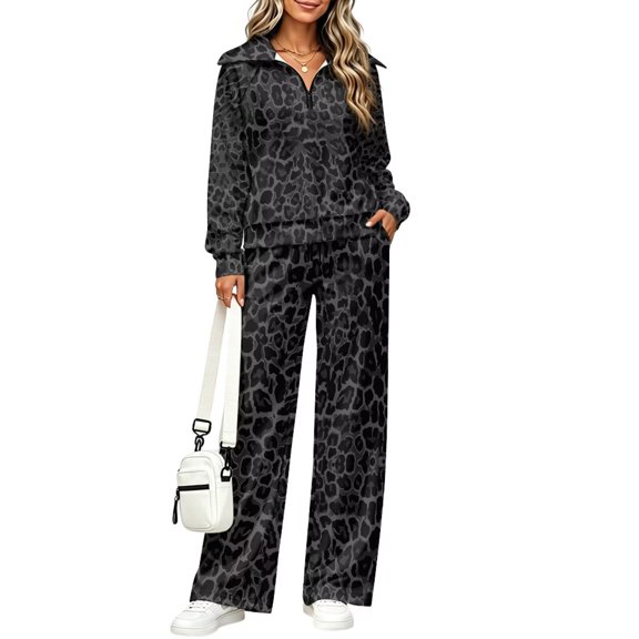 SCRAWLGOD 2 Piece Lounge Set for Women Sweatsuit Trendy Track Suits Long Sleeve 1/4 Zip Sweatshirt, High Waisted Wide Leg Sweatpants, Loose Fit Sweat Set, Large, Black Leopard Print