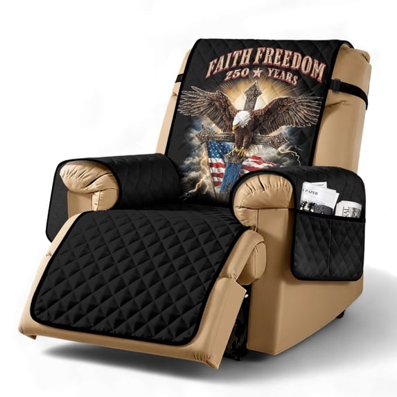 SCRAWLGOD 250th Anniversary Recliner Chair Cover American Flag Print Non Slip Reclining Chair Cover with Pocket Eagle Cross Print Anti Dust Recliner Slipcover for Pets
