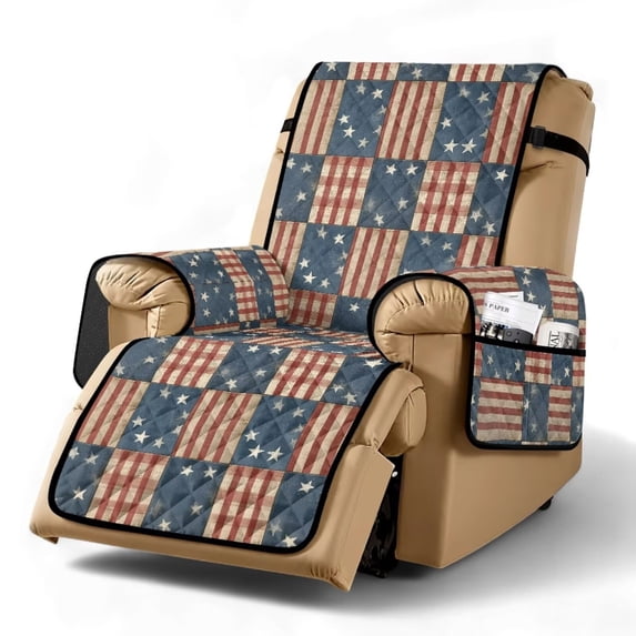 SCRAWLGOD 250th Anniversary Recliner Chair Covers American Flag Patchwork Print Non Slip Universal Furniture Protector Anti Dust Recliner Chair Cover with Pocket