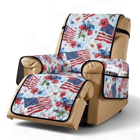 SCRAWLGOD 250th Anniversary Recliner Chair Slipcover American Flag Hibiscus Print Washable Non Slip Recliner Chair Cover with Pocket Anti Scratch Anti Dust Reclining Cover