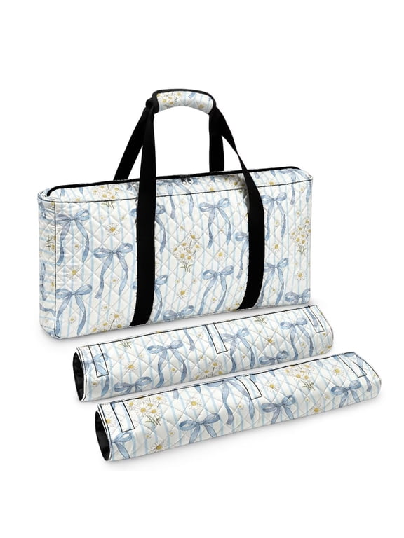 3 PCS Empty American Mahjong Tote Bag Portable Travel Storage Pouch for Tiles, Racks & Pushers, for Party Travel Gatherings, Blue Bow Daisy Stripe