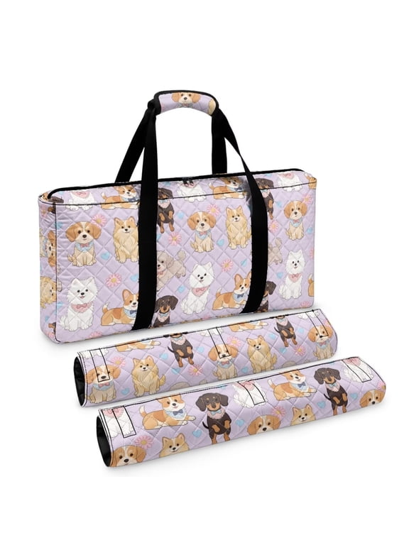 3 PCS Empty Mahjong Tote Bag Set for Tile, Racks & Pushers, Zippered Mahjong Set Organizer with Padded Handle, Empty Bags Only, Cute Puppy Dog Purple