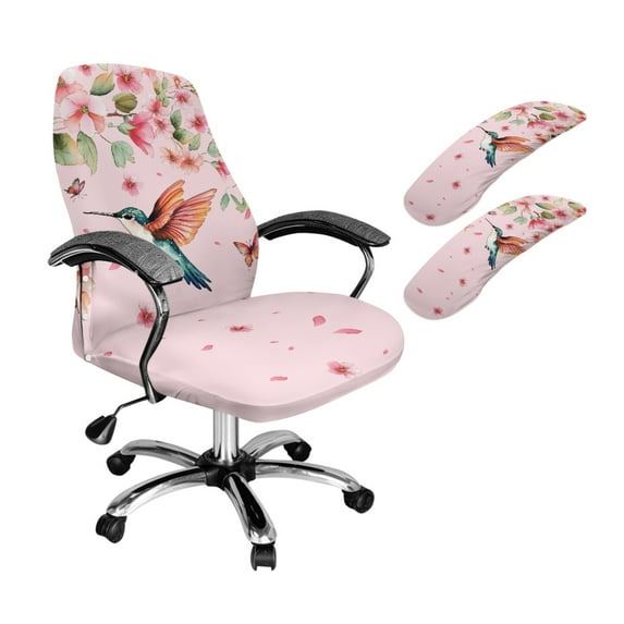 SCRAWLGOD 3 PCS Universal Computer Chair Cover with Arm Rest Covers Easy to Install Desk Chair Seat Protector Stain Resistant Boss Chair Slipcover, Hummingbird Butterfly Floral, L