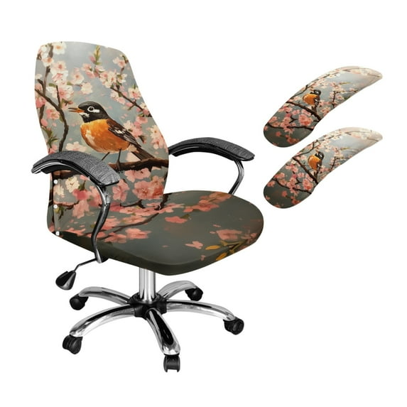 SCRAWLGOD 3 Pieces Dustproof Office Chair Cover with Arm Rest Protector Stretch Swivel Chair Covers Comfy Universal Gaming Chair Protector, American Robin Peach Blossom, S