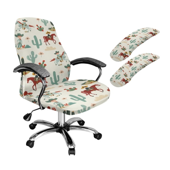 SCRAWLGOD 3 Pieces Set Non-Slip Computer Chair Cover with Arm Rest Slipcovers Easy to Install Swivel Chair Protector Stretchable Boss Chair Covers, Cactus Floral Horse Cowboy, L