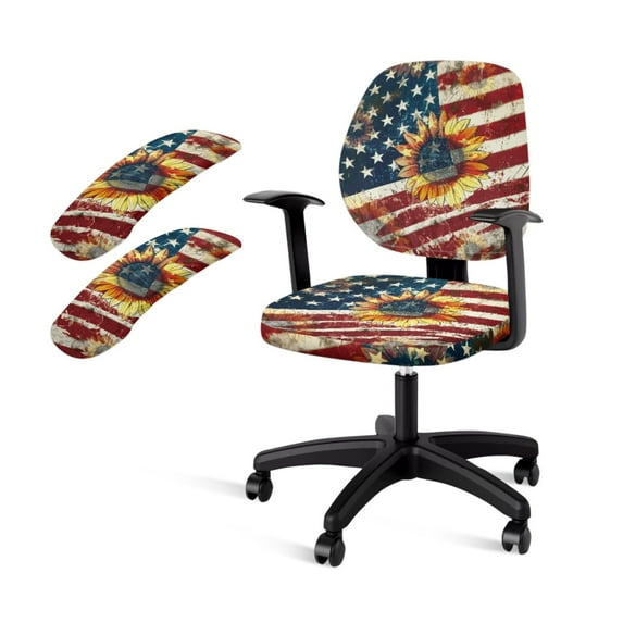 SCRAWLGOD 4 Pieces Set Cozy Office Chair Protector with Arm Rest Slipcovers Protective Rotating Chair Cover Easy to Remove Boss Swivel Chair Covers, American Flag Sunflower