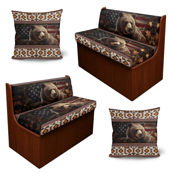 SCRAWLGOD 6 Pcs RV Couch Cushion Covers Machine Washable Camper Cushion Booth Seats Slipcovers, with 2 Pillowcase, 2 Backrest, 2 Bench Replacement, Aztec Bear American Flag