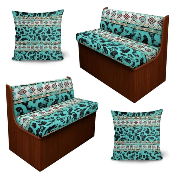 SCRAWLGOD 6 Pcs RV Cushion Slipcover Replacement Camper Cushion Booth Seats Replacement Sofa Slipcover with Elastic Band for RV Interior Decor, Turquoise Aztec Cow Print