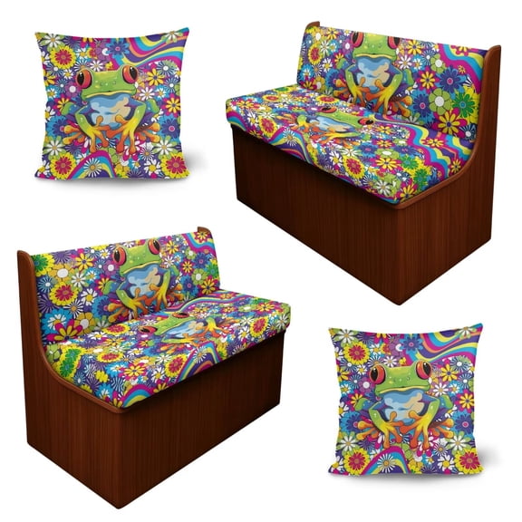 SCRAWLGOD 6 Pcs RV Dinette Covers Set Elastic Wrinkle Free Camper Slipcover for Camper & RV Decor, Include 2 Pillowcase, 2 Backrest, 2 Bench Covers, Groovy Hippie Frog Floral