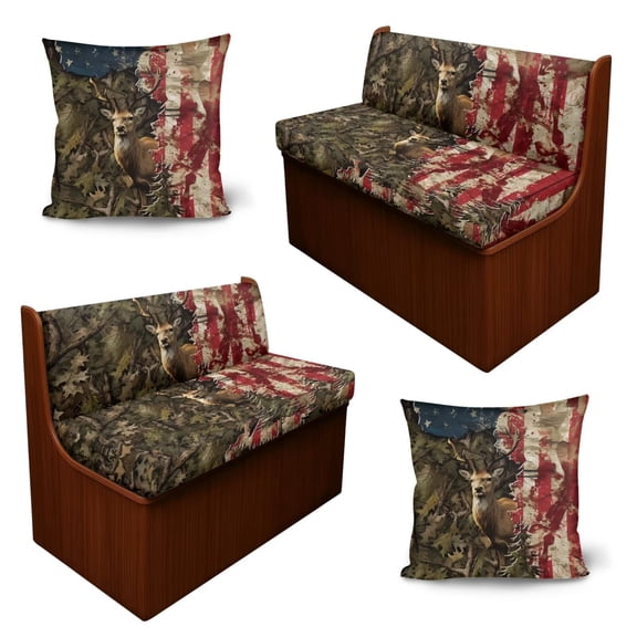 SCRAWLGOD 6 Pcs RV Dinette Cushion Covers Stretchable Camper Cushion Slipcover Decorative Car Bench Furniture Protector for RV Camper Car Bench, Deer American Flag Camo Hunting
