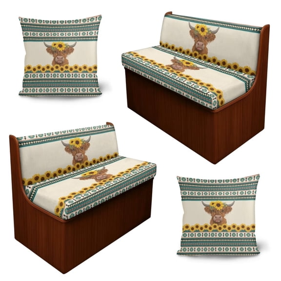 SCRAWLGOD 6 Pcs Stretch RV Dinette Cushion Covers Anti-Slip Camper Couch Cushion Slipcovers Replacement Furniture Protector for RV Interior Decor, Aztec Highland Cow Sunflower Blue