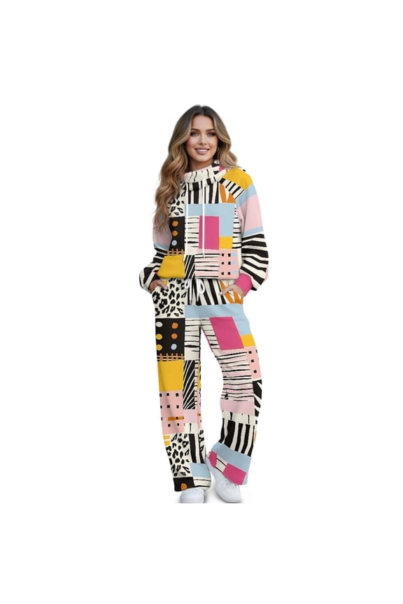 Abstract Geometry Leopard Print Women's 2 Piece Outfits Lounge Set Loose Fit Turtleneck Sweatshirt Wide Leg Sweatpants Set Sweatsuit Comfortable Tracksuit, L