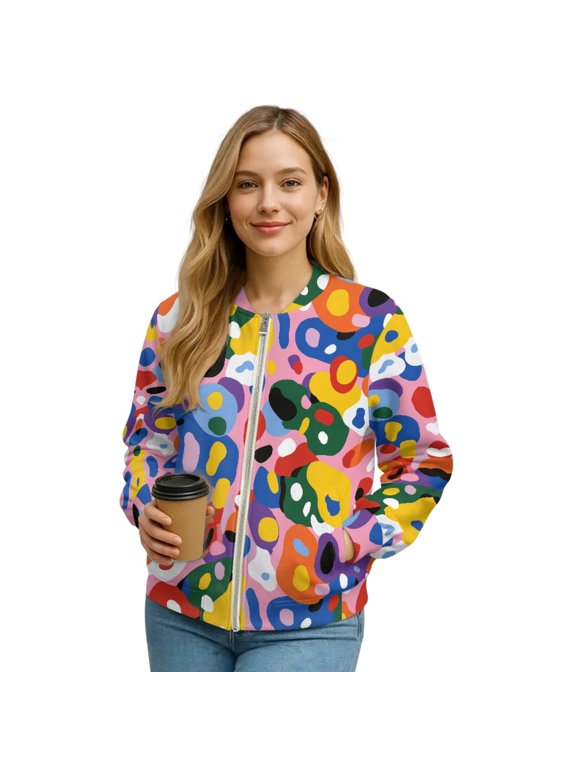 Abstract Graffiti Print Women's Crewneck Zip up Long Sleeve Jacket with Pockets Running Sweatshirts Jackets Hoodless Stylish Comfortable Lightweight Coat, 3XL
