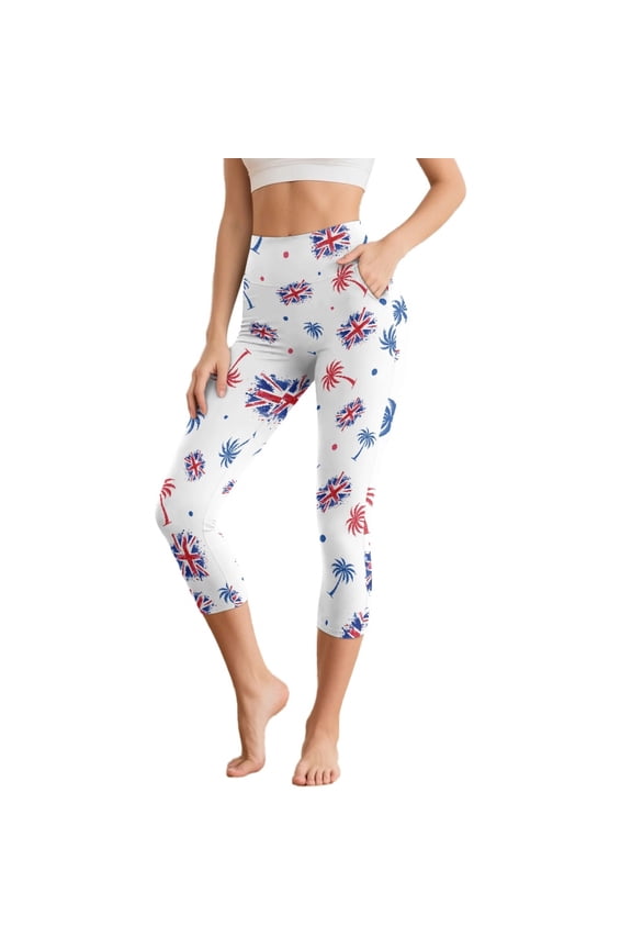 Active Capris Leggings with 2 Pockets for Women Breathable Yoga Athletic Workout Cropped Leggings Squat Proof Comfy Yoga Pants for Exercise, Union Jack Palm Tree Spot White, XXL