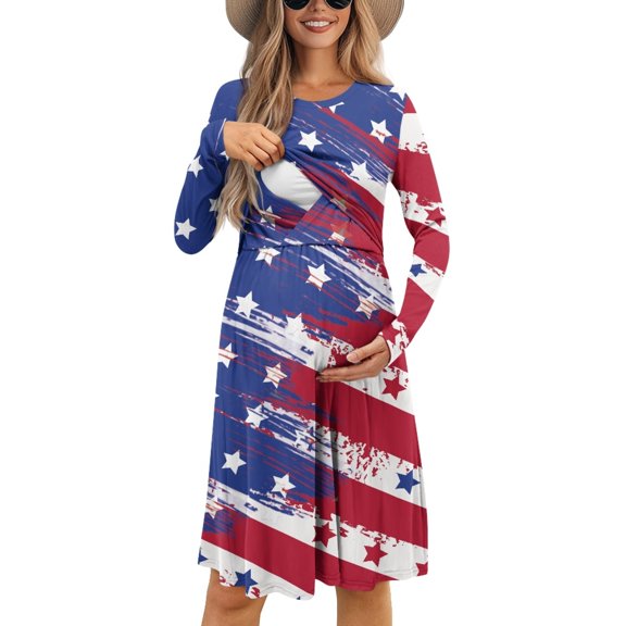 SCRAWLGOD American Flag Casual Maternity Dress Fall Long Sleeve Nursing Dresses Crewneck Breastfeeding Friendly Dresses Casual Lightweight A Line Dresses for 4th of July Size L