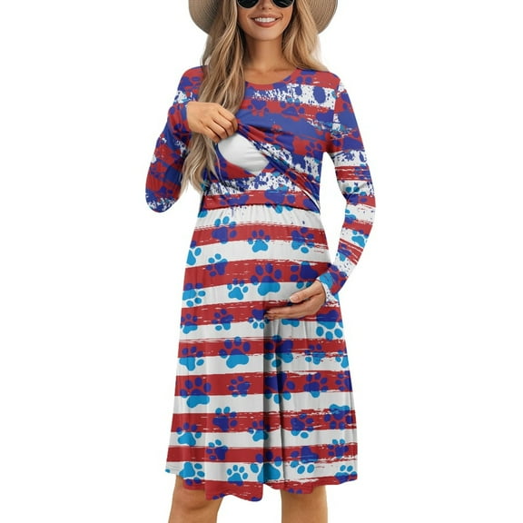 SCRAWLGOD American Flag Maternity Nursing Dress Long Sleeve Breastfeeding Dog Paw Dresses Crewneck Pregnant Dress for Women Baby Shower Comfy A Line Dress for 4th of July Size S