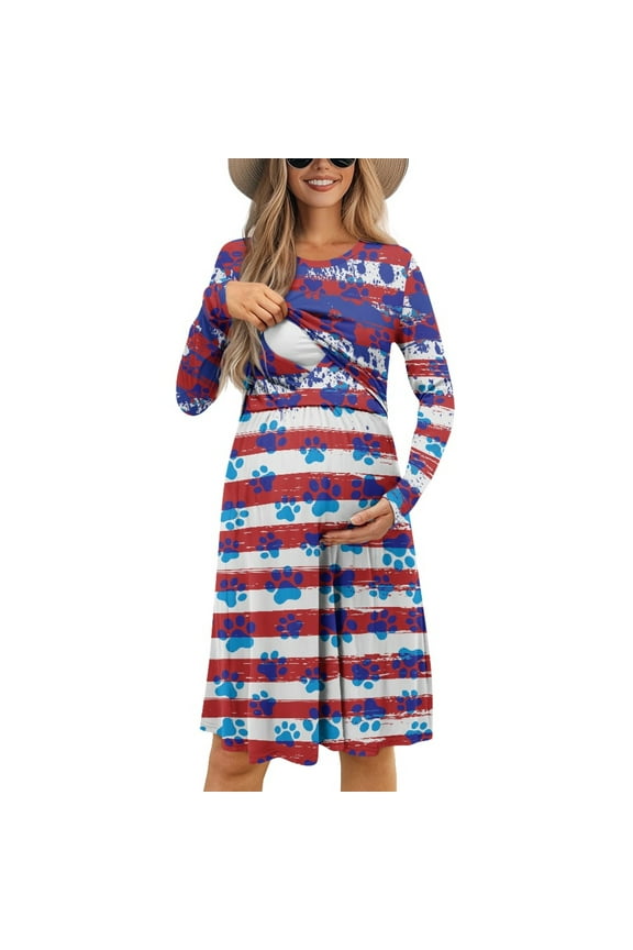 American Flag Maternity Nursing Dress Long Sleeve Breastfeeding Dog Paw Dresses Crewneck Pregnant Dress for Women Baby Shower Comfy A Line Dress for 4th of July Size 2XL