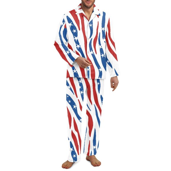 SCRAWLGOD American Flag Zebra Print Men Pajamas Set Long Sleeve Pjs, Notch Collar Button Down Tops Soft Elastic Waistband Bottoms, Set of 2 with Pockets, Casual Sleepwear, XXL