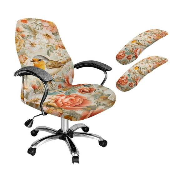 SCRAWLGOD American Robin Floral 3 Pieces Elastic Computer Chair Slipcover with Arm Rest Covers Comfortable Desk Chair Seat Protector Easy to Install Boss Chair Cover, L