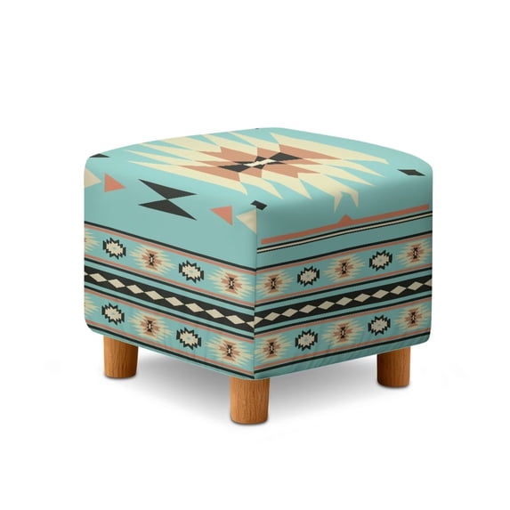 SCRAWLGOD American Tribal Beige Blue Ottoman Cover, Scratch Resistant Cube Ottoman Sofa Cover with Non Slip Bottom Soft Foot Stool Protection Universal Fit for Most Footrest Sofa