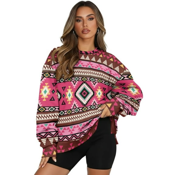 SCRAWLGOD American Tribal Brown Pink Trendy Sweatshirt for Women Long Sleeve Tops with Pockets Crewneck Comfortable Fall Winter Clothes Drop Shoulder Loose Fit Pullovers, M