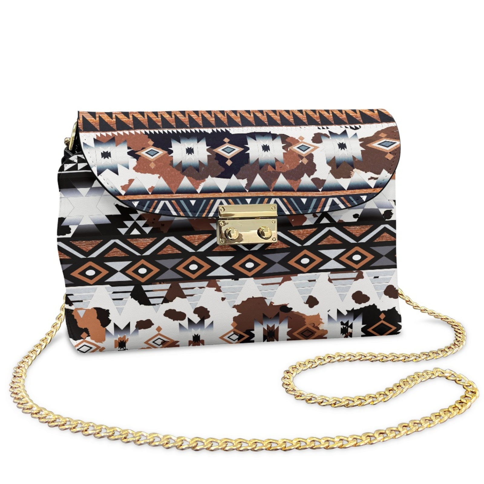 SCRAWLGOD American Tribal Cow Print White Brown Crossbody Bags for Women Crossbody Purse PU Leather Handbags Shoulder Bag Cell Phone Purse with Chain Strap