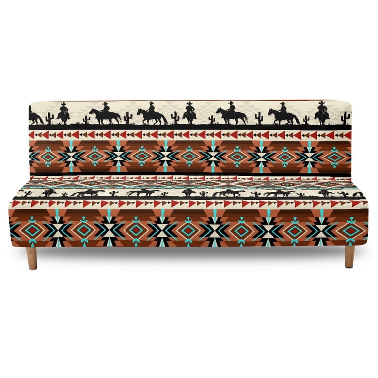 Scrawlgod American Tribal Cowboy Cactus Brown Beige Futon Cover Armless Sofa Covers Sofa Bed Covers Stretch Futon Couch Cover Sofa Slipcover Thick
