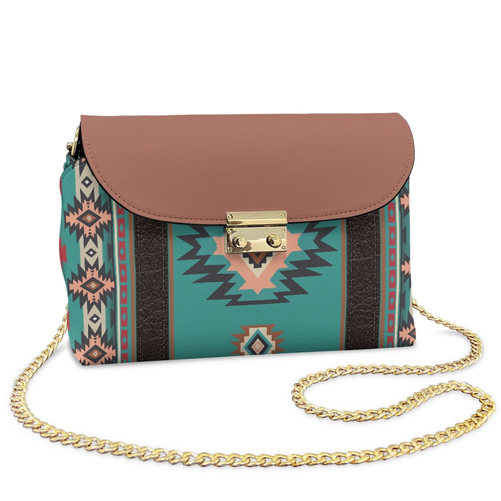 SCRAWLGOD American Tribal Cyan Brown Small Crossbody Bags for Women Leather Cell Phone Purse Crossover Shoulder Bag Crossbody Travel Purse with Detachable Strap