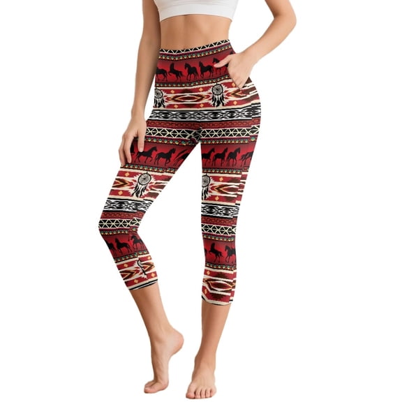SCRAWLGOD American Tribal Dream Catcher Horse Red Capri Leggings for Women - Tummy Control Yoga Lounge Tights with Pockets Breathable High Waisted Yoga Pants Workout Cycling Tights, 3XL