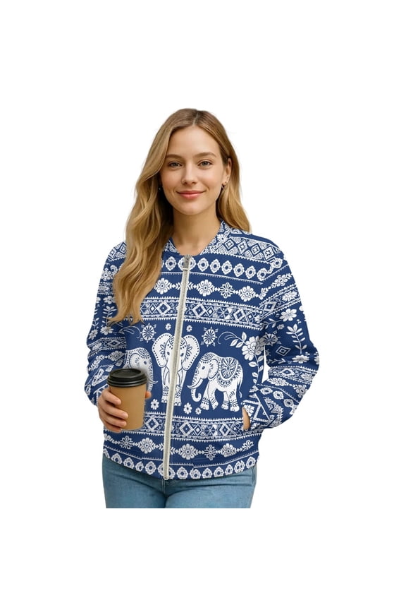 American Tribal Elephant Print White Blue Women's Zip up Sweatshirt Jacket Crewneck Hoodless Running Sweatshirt with Pockets Loose Fit Stylish Comfy Coat, S