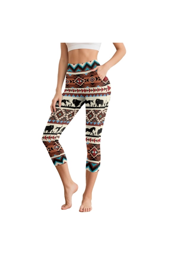 American Tribal Horse Cow Active Capris Leggings with 2 Pockets for Women Breathable Yoga Athletic Workout Leggings Squat Proof Comfy Yoga Pants for Exercise, 3XL