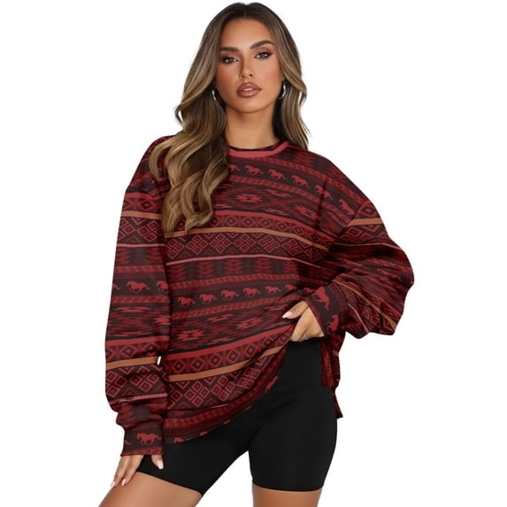 SCRAWLGOD American Tribal Horse Red Women Oversized Crewneck Sweatshirt Long Sleeve Pullover Tops Drop Shoulder Casual Trendy Workout Clothes with Pockets, L